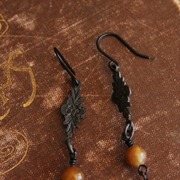 Handmade Women's Earrings, Black Metal with Brown Beads and a Faux Pearl Dangles - Picture 5 of 10